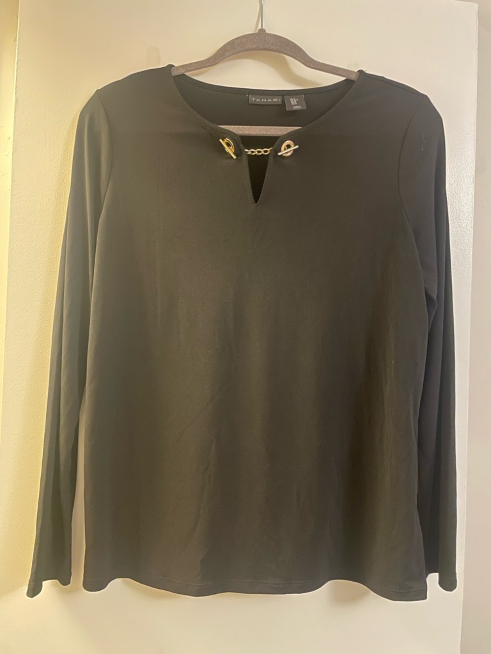 Tahari Black Long-Sleeve Top with Gold Bit
